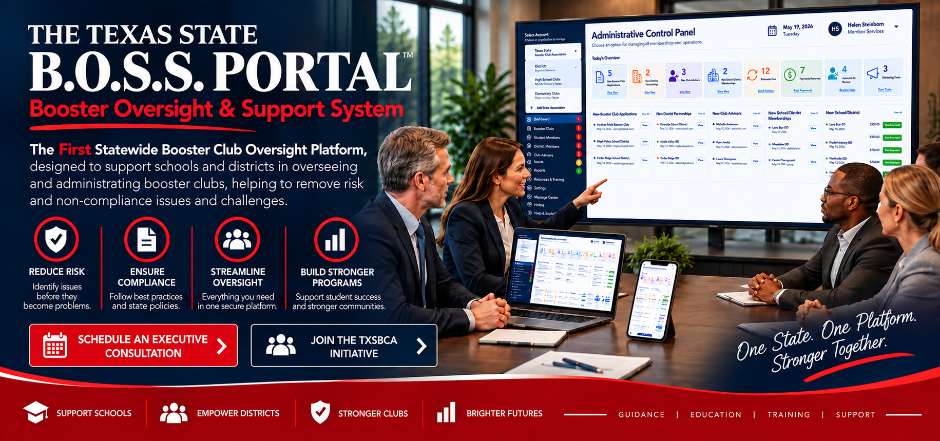 The National B.O.S.S. Portal — Booster Oversight & Support System. The first national booster club oversight platform, designed to support schools and districts in overseeing and administrating booster clubs, helping to remove risk and non-compliance issues and challenges.